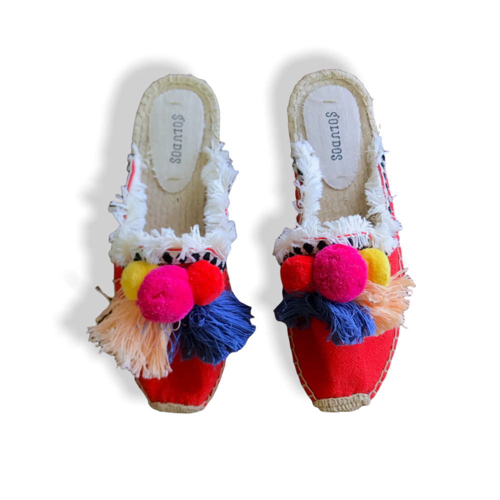 Soludos Coco Pom Pom Slip On Red Bobble Boho Flat… - image 1